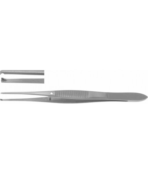 ELCON IRIS TISSUE FORCEPS 100MM, STRAIGHT, 1x2 TEETH, WIDTH 1,2MM, WITH GUIDE PIN