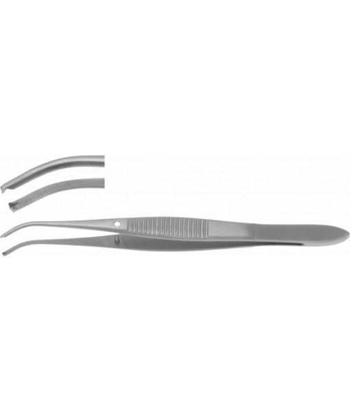 ELCON IRIS TISSUE FORCEPS 100MM, CURVED 1x2 TEETH, WIDTH 1,2MM, WITH GUIDE PIN