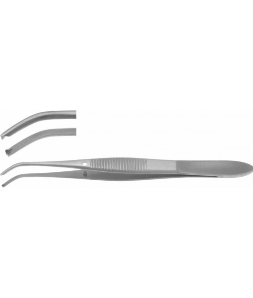 ELCON IRIS TISSUE FORCEPS 95MM, STRONG CURVED 1x2 TEETH, WIDTH 1,2MM, WITH GUIDE PIN