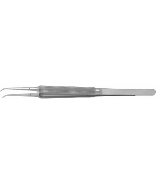 ELCON MICRO FORCEPS 150MM, CURVED, ROUND HANDLE Ø8MM, WITH PLATFORM 0,7X6MM, 1X2 TEETH
