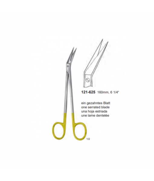 ELCON TUNGSTENCUT LOCKLIN GUM SCISSORS 160MM, ANGLED LATERALLY DOWNWARDS SHARP, ONE BLADE SERRATED
