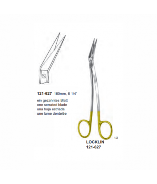 ELCON TUNGSTENCUT LOCKLIN GUM SCISSORS 160MM, S-CURVED, ANGLED LATERALLY DOWN- WARDS, SHARP, ONE BLADE SERRATED