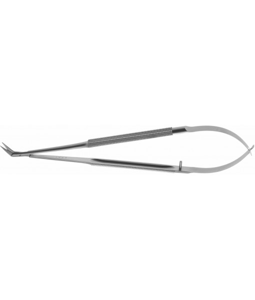 ELCON MICRO VESSEL SCISSORS 180MM, 45° ANGLED SIDEWAYS, POINTED, BUTTONED, FLAT HANDLE, CUTTING EDGE 14MM