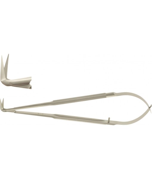 ELCON MICRO VESSEL SCISSORS 180MM, 90° ANGLED SIDEWAYS, POINTED, BUTTONED, FLAT HANDLE, CUTTING EDGE 14MM