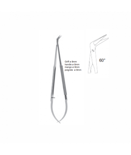 ELCON MICRO VESSEL SCISSORS 180MM, 60° ANGLED SIDEWAYS, POINTED, BUTTONED, FLAT HANDLE, CUTTING EDGE 14MM