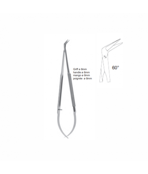 ELCON MICRO VESSEL SCISSORS 180MM, 60° ANGLED SIDEWAYS, POINTED, FLAT HANDLE, CUTTING EDGE 7MM
